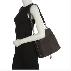 Rebecca Minkoff Darren Suede Shoulder Bag Washed BLACK Palladium Silver